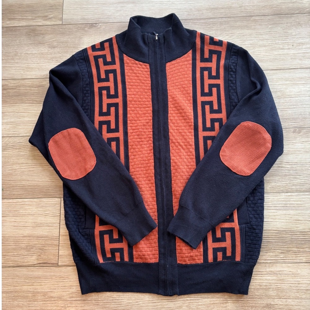 Inserch Mens Full Zip Sweater Navy Orange Greek Key Geometric Elbow Patch L